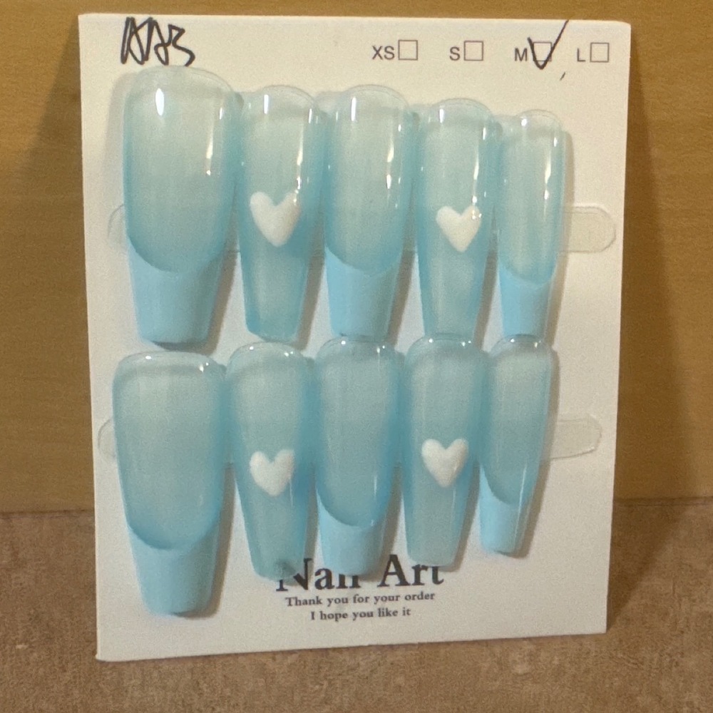 Light Blue Heart French Tip Long Coffin Press On Nails Medium Size 10pc Set